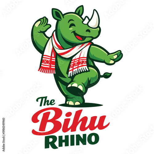 Cute Bihu Rhino cartoon mascot wearing a traditional Assamese gamocha scarf in a joyful dancing pose, symbolizing the festive spirit of Bihu and wildlife of Assam