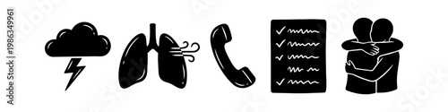 Set of black icons representing mental health coping strategies: a storm cloud with lightning, breathing lungs, a telephone, a checklist, and a supportive hug between two people.