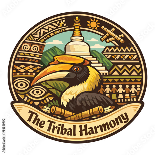The Tribal Harmony emblem featuring a majestic hornbill bird, traditional indigenous housing, and ethnic patterns, representing ancestral nature and tribal unity