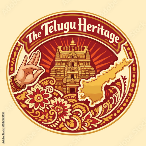 The Telugu Heritage cultural emblem showcasing intricate South Indian temple architecture, sacred mudra hand gesture, and regional map with traditional floral ornaments
