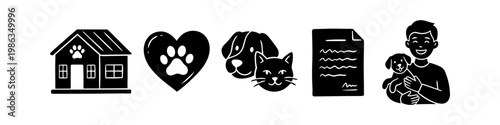 Black and white pet adoption icon set featuring a shelter house, heart with paw, cat and dog, adoption paper, and a person holding a puppy. Ideal for animal rescue and welfare concepts.