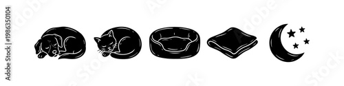Hand-drawn black silhouette icons set of a sleeping dog, cat, pet bed, blanket, and moon with stars. Perfect for pet care, veterinary, or cozy home themes on a white background.