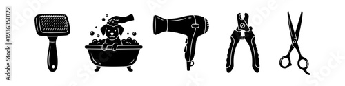 Set of dog grooming icons featuring a brush, bathtub, hair dryer, nail clippers, and scissors. Perfect for pet salon services, veterinary clinics, and animal care branding.