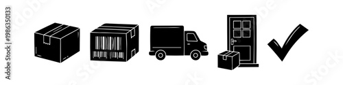 Minimalist black icons depicting the stages of package delivery: packing, scanning, shipping via truck, doorstep drop-off, and successful completion with a checkmark.