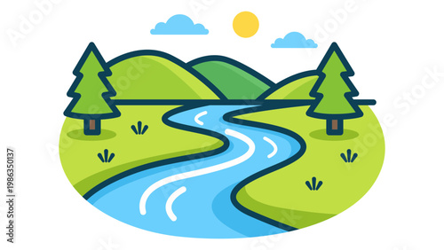 Modern flat vector illustration of a peaceful nature landscape featuring a winding blue river flowing through green meadows with pine trees, rolling hills, a bright sun, and clouds.