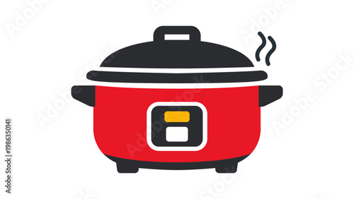 Red electric rice cooker vector icon illustration with steam, modern flat design isolated on white background. Ideal for kitchen appliance, household electronics, and cooking theme graphics.