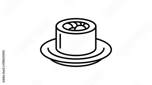 Sushi Roll Vector Icon on a Plate, Minimalist Black Line Illustration on White Background. Scalable SVG Graphic with Editable Stroke and Adjustable Line Weight for Food Menus and Web Design.