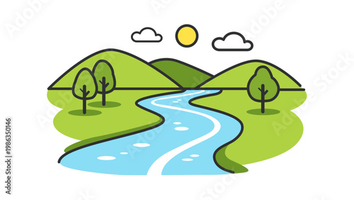 A modern flat vector illustration of a gentle flowing river stream winding through green hills and lush trees under a bright sun and clouds, perfect for nature, travel, and environment designs.