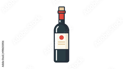 Modern flat vector icon illustration of a tall dark glass wine bottle with a white label, red seal, and cork, isolated on white. Perfect for winery branding, restaurant menus, and beverage apps.