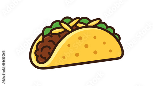 Modern flat vector icon of a crunchy taco on a white background, featuring a folded yellow tortilla shell filled with seasoned ground beef, fresh green lettuce, and shredded cheese, scalable art.