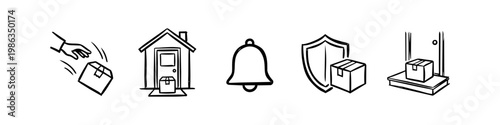 A set of hand-drawn icons illustrating the package delivery process, including doorstep drop-off, insurance protection, notifications, and home arrival in a minimalist doodle style.