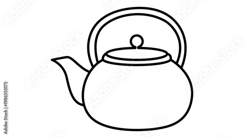 Minimalist Black Line Vector Icon of a Rounded Ceramic Teapot with a Lid and Handle on a White Background. This Editable Stroke Illustration is perfect for kitchen, cafe, and tea time branding.