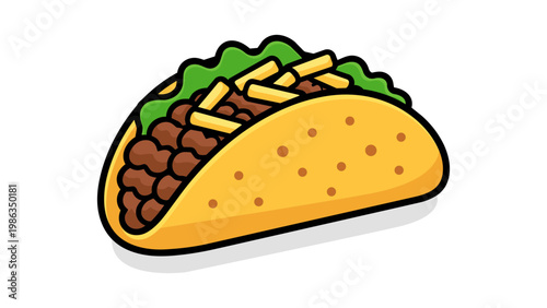 Modern flat vector icon illustration of a Mexican taco with a crunchy yellow tortilla shell, seasoned ground beef, shredded cheese, and fresh green lettuce isolated on a white background.