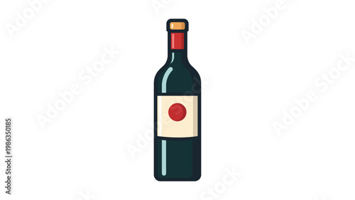 Modern flat vector icon illustration of a tall dark glass wine bottle with a red seal and a white label featuring a red circle, isolated on a white background for minimalist graphic design.