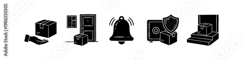 Black and white delivery icon set featuring secure shipping, package doorstep drop-off, notification bell, and logistics symbols for e-commerce and home delivery services.
