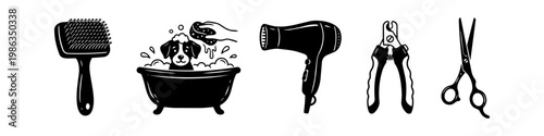 Set of black dog grooming icons including a brush, bathtub with a puppy, hair dryer, nail clippers, and scissors. Ideal for pet care services, grooming salons, and veterinary branding.
