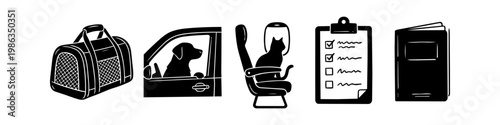 Minimalist black and white icons for pet travel, featuring a carrier bag, dog in a car, cat on an airplane, a checklist, and a pet passport. Perfect for travel planning and animal logistics.