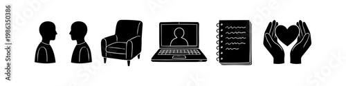 Collection of black and white minimalist icons for therapy and mental health, featuring silhouettes of people, armchair, laptop for telehealth, notebook, and hands holding a heart.