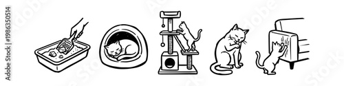Set of hand-drawn line art illustrations depicting cat care and behavior, including cleaning a litter box, sleeping in a bed, climbing a tree, grooming, and scratching furniture.