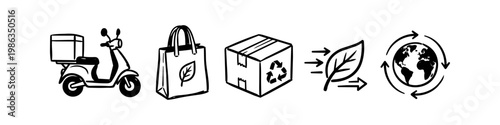 Set of hand-drawn icons representing eco-friendly delivery and sustainable logistics, featuring a scooter, reusable bag, recycling box, leaf, and a global recycling symbol on white background.