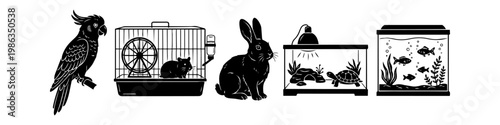Black silhouette icons of common domestic pets: cockatoo parrot, hamster in a cage, rabbit, turtle in a terrarium, and fish in an aquarium. Clean vector illustration for web and print.
