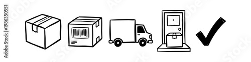 Hand-drawn doodle icons showing the package delivery process from boxing to doorstep arrival with a checkmark. Logistics and e-commerce shipping sequence in minimalist line art style.