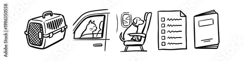 Hand-drawn doodle set of pet travel icons: pet carrier, cat in a car, dog on an airplane, checklist, and passport. Minimalist black and white line art for pet-friendly travel and preparation themes.
