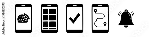Infographic icons of mobile food delivery stages: from choosing menu items like pizza and burger, to order confirmation, real-time GPS tracking, and arrival notification alert.