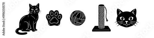 A set of black cat-themed silhouette icons including a sitting cat, a paw print, a ball of yarn, a scratching post, and a cat face. Minimalist design on a white background.