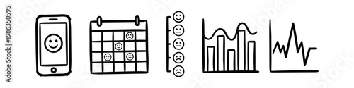Set of hand-drawn minimalist icons for mood tracking and analytics, featuring a mobile app, calendar with emotions, rating scale, and various data charts for mental health and wellness.