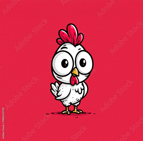 Cute cartoon illustration of a funny white chicken with big eyes on a bright red background created with Generative AI Technology, ai, generative