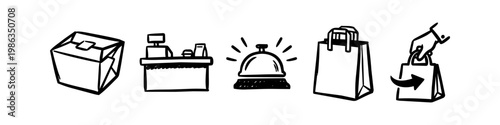 Set of hand-drawn black and white icons for food delivery, takeaway, and retail service, including takeout box, checkout counter, service bell, and shopping bags in a minimalist doodle style.