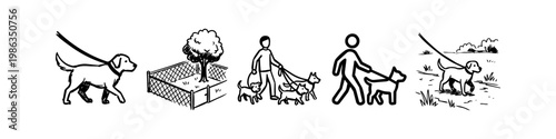 A set of hand-drawn icons and sketches representing dog walking and pet care, featuring people walking dogs on leashes, a fenced dog park, and animal outlines in a minimalist line art style.