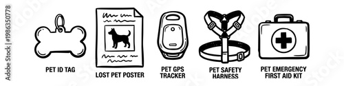 Hand-drawn doodle icon set of pet safety and emergency supplies including ID tag, lost poster, GPS tracker, safety harness, and first aid kit. Vector illustration for animal care.