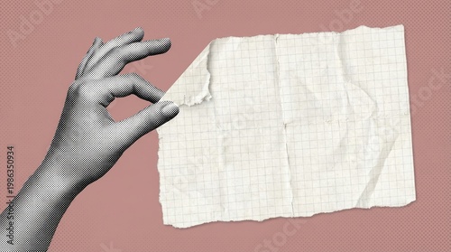 Trendy Halftone Collage Female Hand pulls torn paper. Social media announcing promotion and marketing. Empty space for your design. Halftone Hand Pinching Torn Grid Paper for Copy Space