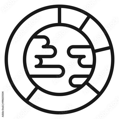 Global Data and Environmental Statistics Vector Icon. Minimalist Black Line Illustration of Earth Planet Inside a Circular Segmented Chart Symbolizing World Sustainability and Ecology Metrics.