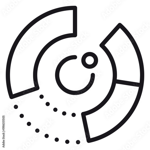 Minimalist black vector icon of a stylized eye or camera lens integrated with circular data chart segments and dotted lines, symbolizing vision, focus, analysis, and technical monitoring.
