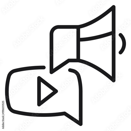 Tableau sur toile Video marketing and digital advertising vector icon illustration featuring a megaphone and a play button speech bubble, perfect for social media promotion, communication, and business branding