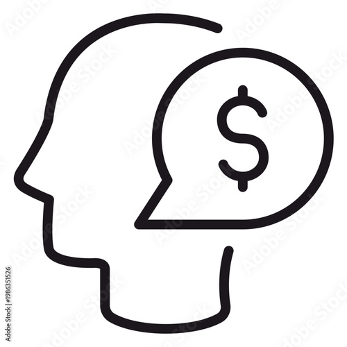 Foto Minimalist black line art vector icon of a human head profile with a speech bubble containing a dollar sign, representing financial thinking, business ideas, wealth mindset, and money management