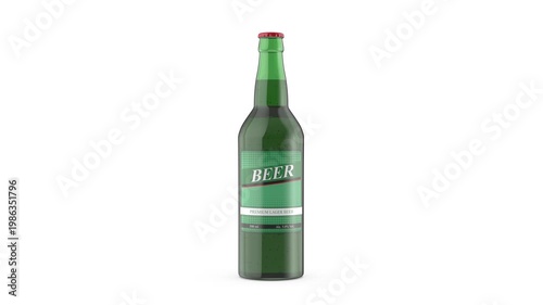 Green glass bottle of lager beer on white background