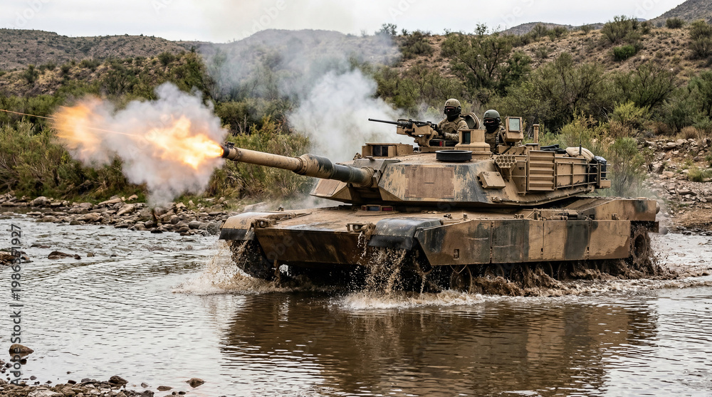 Fototapeta premium Armored Tank Engaging Target With Powerful Cannon