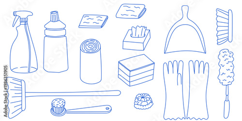 Set of outline doodle cleaning equipment.  household chemicals, towel, brush and gloves. Hand drawn laundry vector illustrations. Housework icon collection