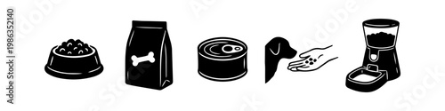 Set of black and white icons representing pet feeding: dog food bowl, bag of kibble, canned food, hand feeding a dog, and an automatic pet feeder. Ideal for pet care and animal nutrition themes.