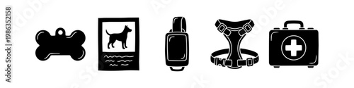 Set of minimalist black and white icons for pet care, featuring a dog harness, bone-shaped ID tag, medical first aid kit, GPS collar, and pet passport documents.