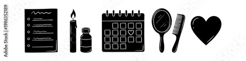 Hand-drawn self-care and wellness icons set featuring a checklist, candle, calendar, mirror, and heart in a minimalist silhouette style for mental health and daily routine concepts.