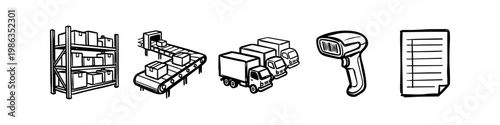 Hand-drawn logistics icon set featuring warehouse shelves, a conveyor belt, delivery trucks, a barcode scanner, and an order checklist. Minimalist sketch style for supply chain concepts.