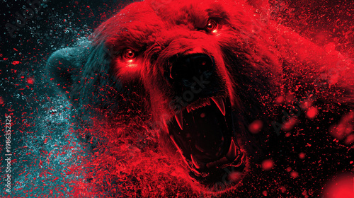 Cinematic portrait of a fierce roaring grizzly bear with intense red and teal lighting and water splashes created with Generative AI Technology, ai, generative