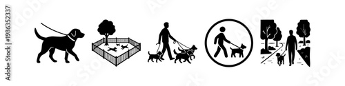 Set of black and white icons illustrating dog walking activities, including leashed pets, professional dog walking, a fenced dog park, and park regulations for pet owners.