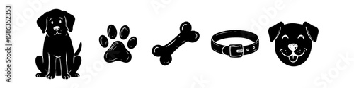 Black and white vector set of dog-themed icons featuring a sitting puppy, paw print, bone, collar, and smiling dog head. Ideal for pet branding, stickers, and veterinary clinic designs.