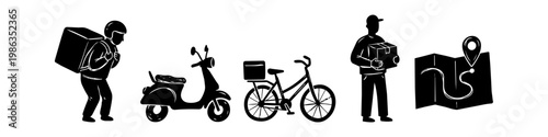 Silhouette set of delivery services featuring couriers, scooter, bicycle, and map with location pin. Ideal for logistics, food delivery, and shipping concepts on a white background.